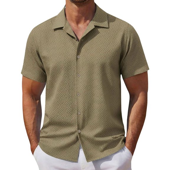 Men's Short Sleeve Shirt Lightweight Casual Button down Top for Summer,Beach Vacation,Breathable Hollow Out Texture Shirt for Men Khaki L