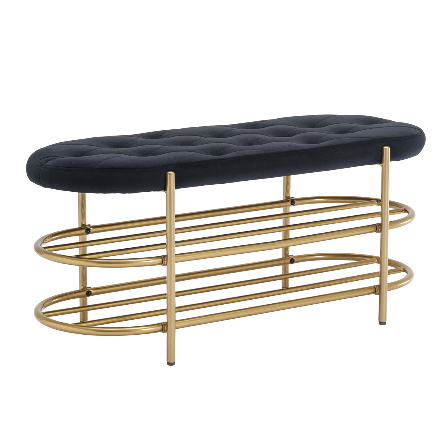 Kepooman Black Beach, Upholstered End of Bed Bench with 2 Shelf, Velvet Storage Beach for Living Room Kepooman Black Beach, Upholstered End of Bed Bench with 2 Shelf, Velvet Storage Beach for Living Room