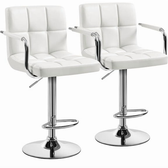 HYYOP Bar Stools Set of 2, PU Leather Adjustable Swivel Barstools, Hydraulic Kitchen Counter Height Bar Chairs with Armrest and Back for Bar, Kitchen, Dining Room, White