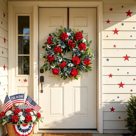 erdimoy 22" Patriotic Hydrangea Wreath, Red White Blue Floral with Berries 4th of July Front Door Decor