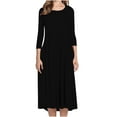 thumbnail image 2 of Zpanxa Plus Size Dress for Women, Solid 3/4 Sleeve Empire Waist Dress, Round Neck Fall Dress Casual Midi T-Shirt Dress Black XXL, 2 of 5