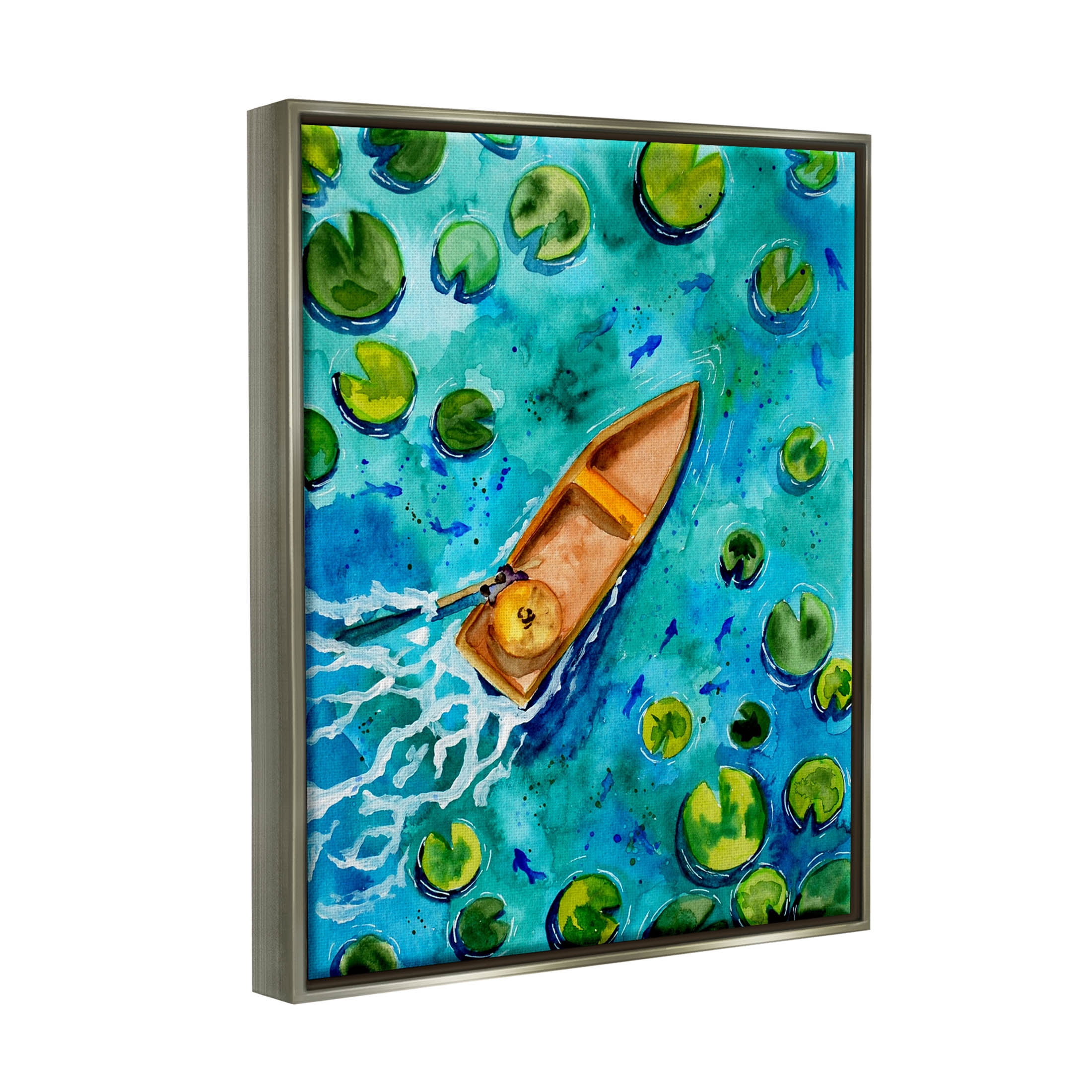 Pond Lilies Lake Boat Splash Transportation Painting Luster Gray Framed Art Print Wall Art