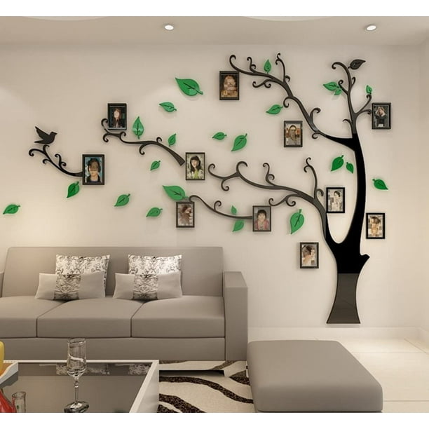 Foto pegatinas de pared de árboles-118-versión derecha-negro + hojas verde oscuro pequeñas Adepaton MZQ-0642-4