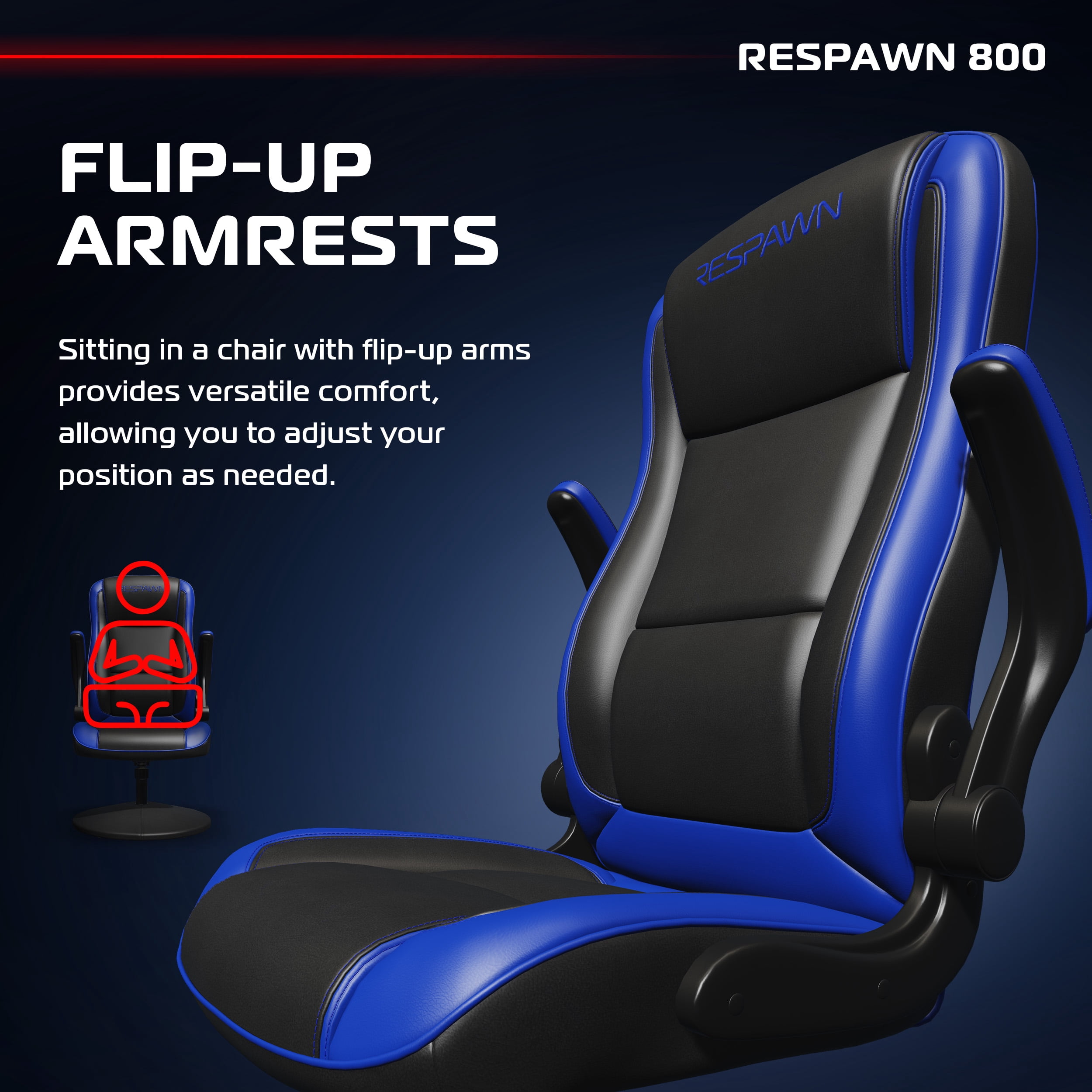 RESPAWN 800 Swivel Rocker Gaming Chair - Ergonomic Floor Gaming Seat with Lumbar Support, Flip Up Armrest, High Back, Pedestal Base, Comfortable No Wheels Console Video Game Rocker Chair - Blue