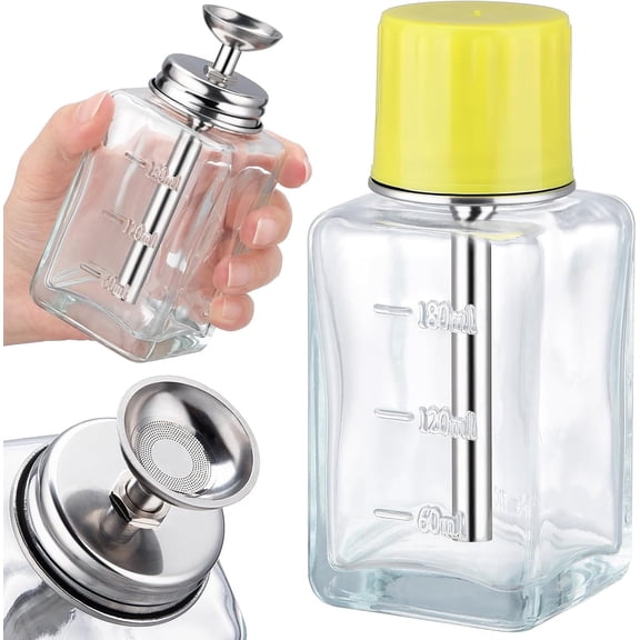 6Oz / 180ml Glass Push Down Pump Dispenser w/Copper Core, Acetone Pump Dispenser Alcohol Dispenser Push Down, Nail Polish Remover Pump Dispenser Bottle Push Down Hand Pumping Press Container