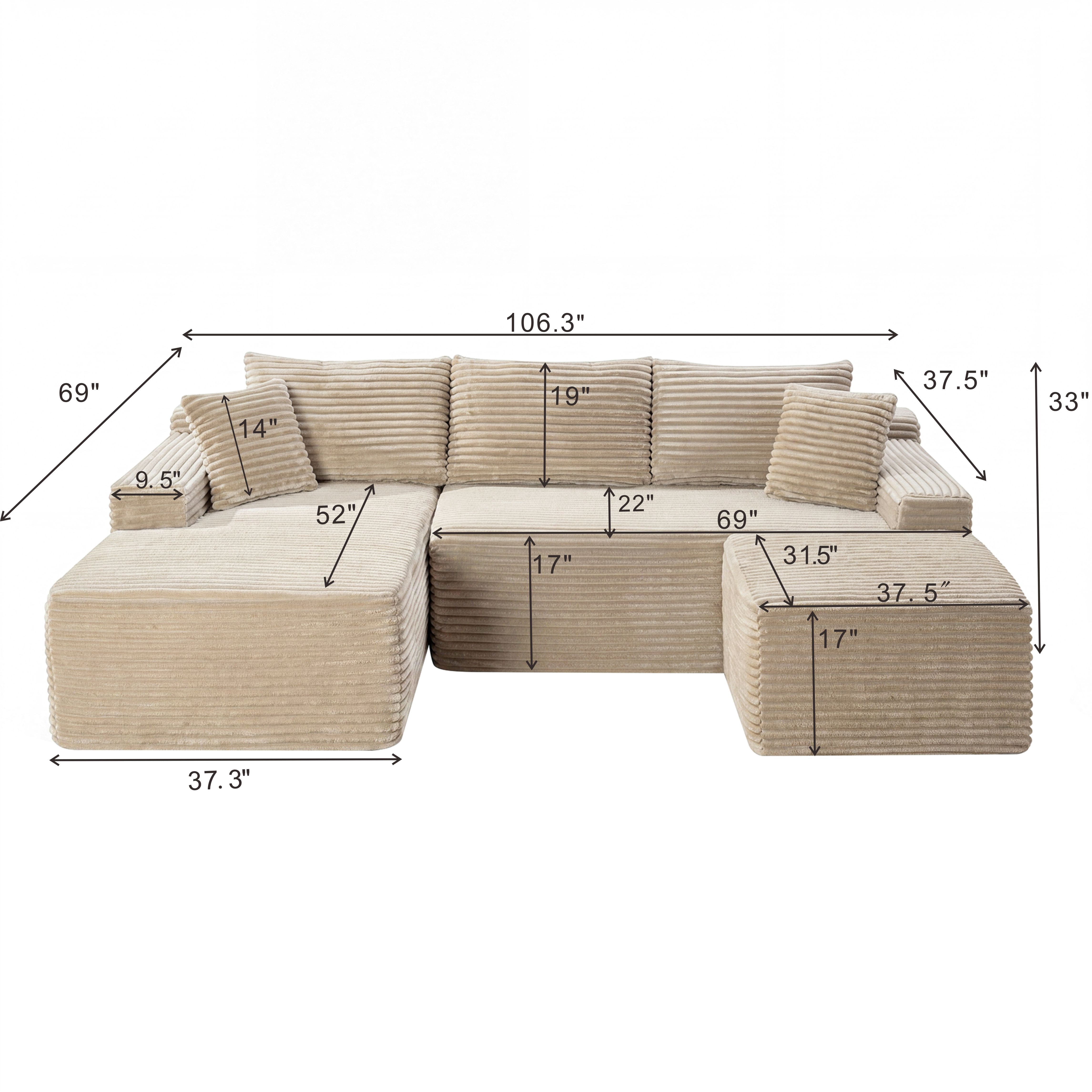 Leumius 106" Sectional Sofa Couch with Deep Seat,U-Shaped Cloud Modular Sleeper Couches for Living Room,Bedroom,Apartment,No Assembly Required,Camel-Left