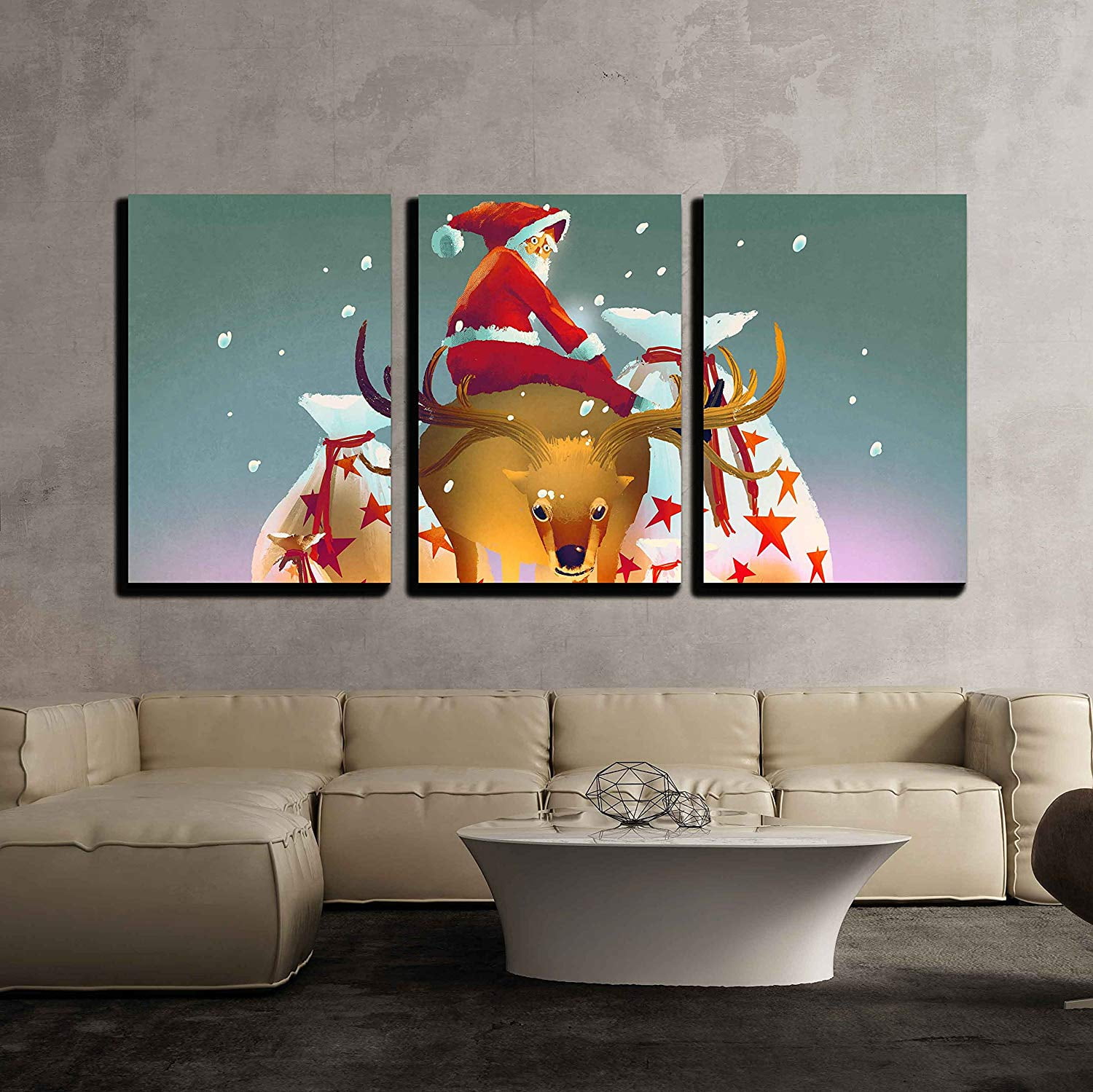 Wall26 3 Piece Canvas Wall Art Illustration Santa Claus Sitting on His Reindeer with Gift