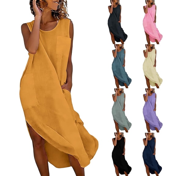 Vetsdori Womens Sleeveless Midi Dresses Summer Cotton Linen Slip Dress Sundress Plain Beach,Mujer Dresses for Women Tank