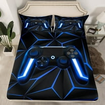 Gaming Bed Sheets Video Game Gamer Console Fitted Sheet Black And Blue Gaming Bed Set, Microfiber Gamer Gamepad Controller Sheets with 1 Pillowcase - Twin Size