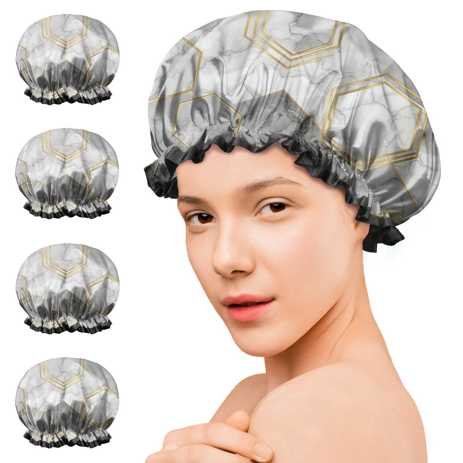 Shower Caps,Gray Marble Gold Hexagon Pattern Waterproof Shower Cap for Women 4 Pieces,Double Reusable Hair Cover for Shower PEVA Elastic Stretch Hem