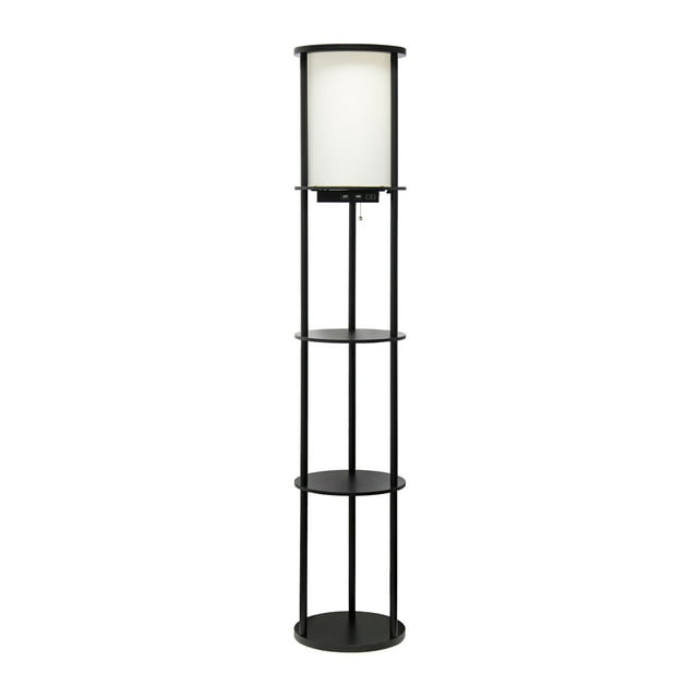 Simple Designs Lampe de Sol Étagère Ronde Moderne 62,5 Pouces avec 2 Ports de Charge Usb, 1 Prise de Charge et Abat-Jour en Lin, Noir