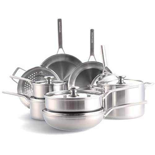 Merten & Storck Tri-Ply Stainless Steel Induction 14 Piece Cookware Pots and Pans Set, Multi Clad, Oven Safe, Silver