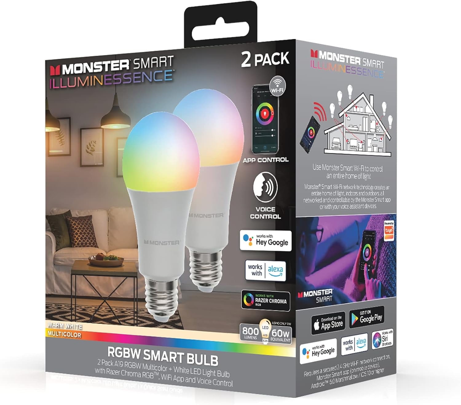 Monster Smart LED Bulbs – 60W Multicolor A19 E26, 2 Pack