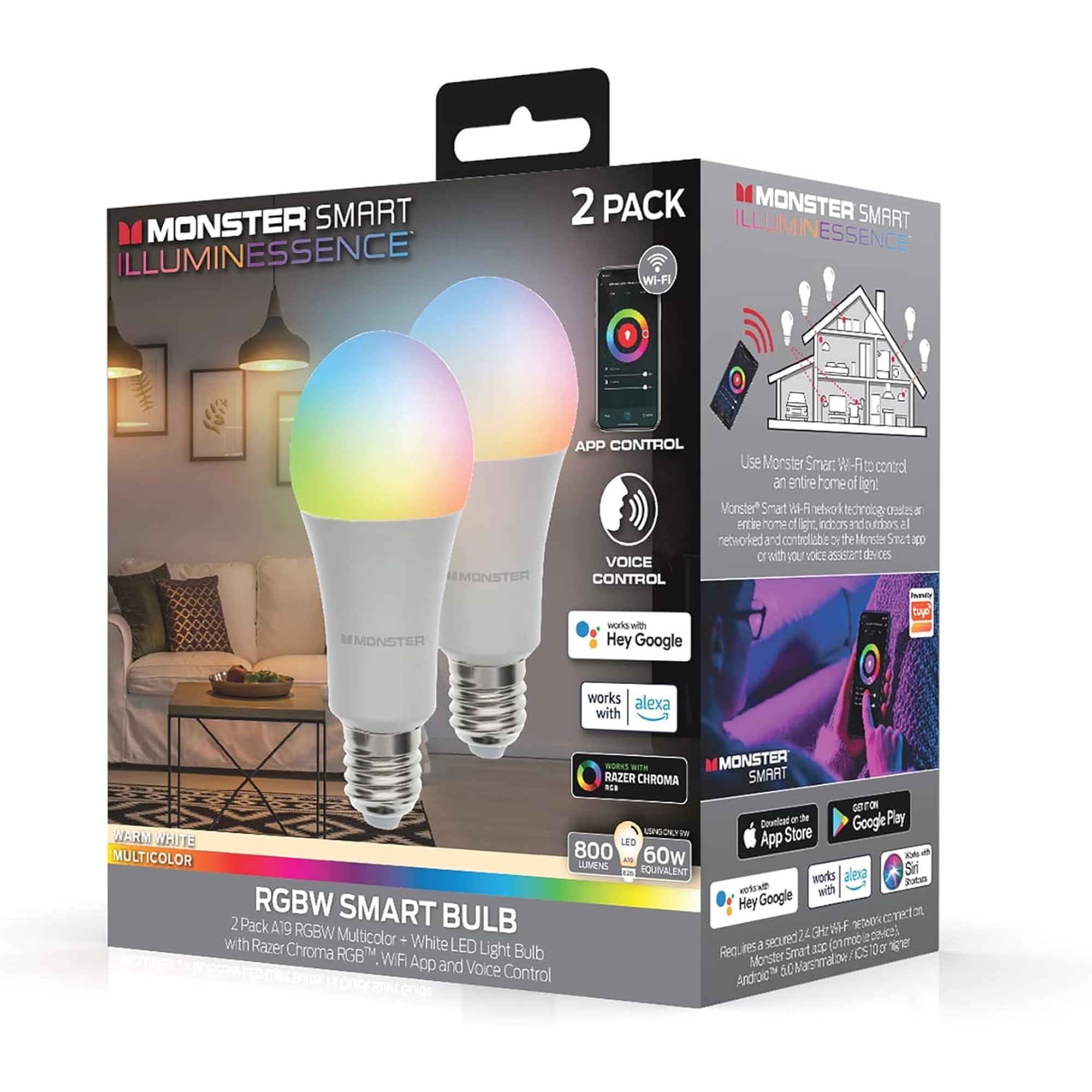 Monster LED Smart Wi-Fi Multi-Color and Warm-White LED Light Bulb, Indoor 60W, for Christmas, Halloween, Party, Gameday and More, E26, A19, 2-Pack