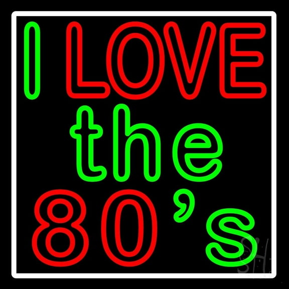 White Border I Love The 80s LED Neon Sign 24 x 24 - inches, Black Square Cut Acrylic Backing, with Dimmer - Bright and Premium built indoor LED Neon Sign for café, club, party, event and stroefront.