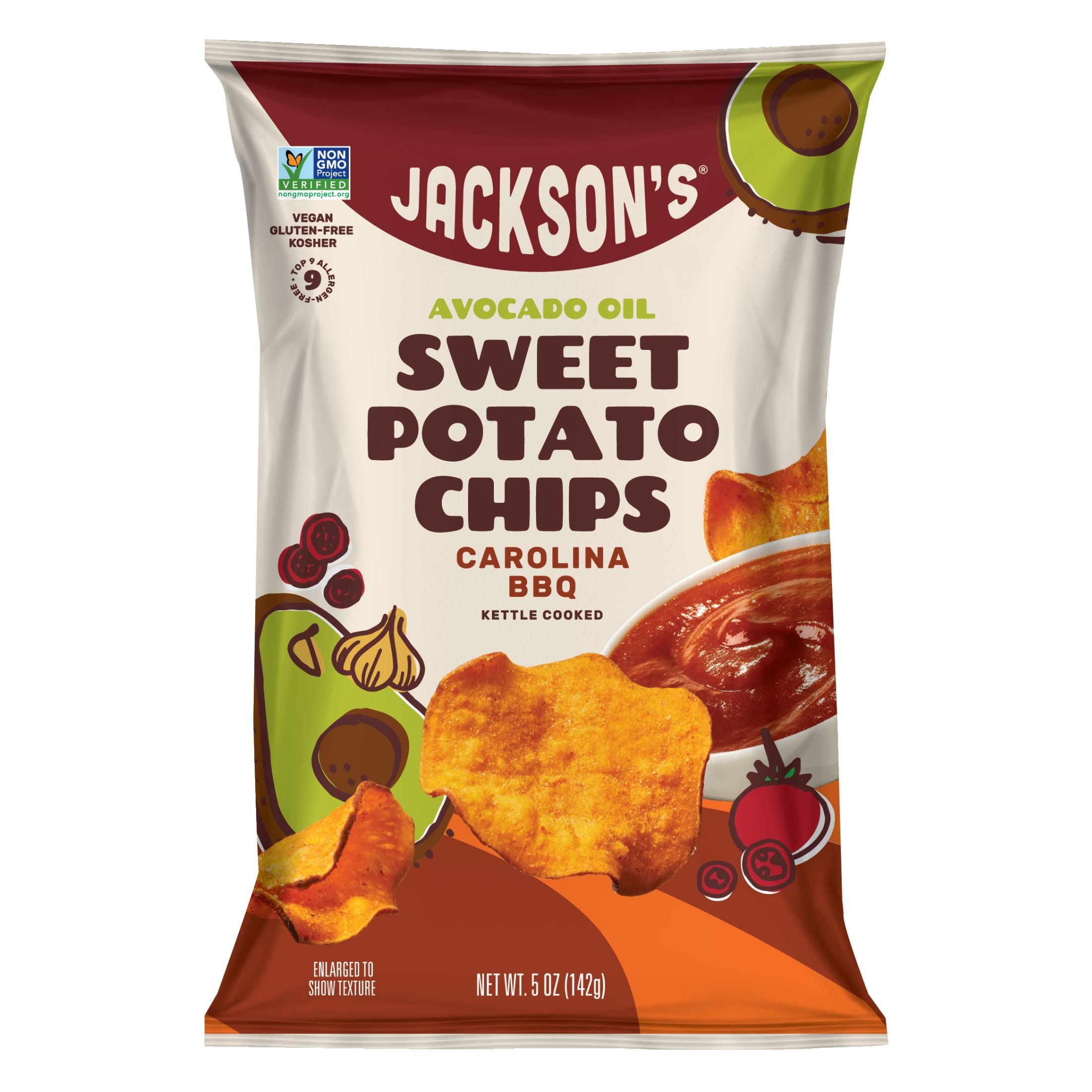 (3 pack) Jackson's Sweet Potato Carolina BBQ Kettle Chips, Avocado Oil, Free of Top 9 Allergens, 5 oz