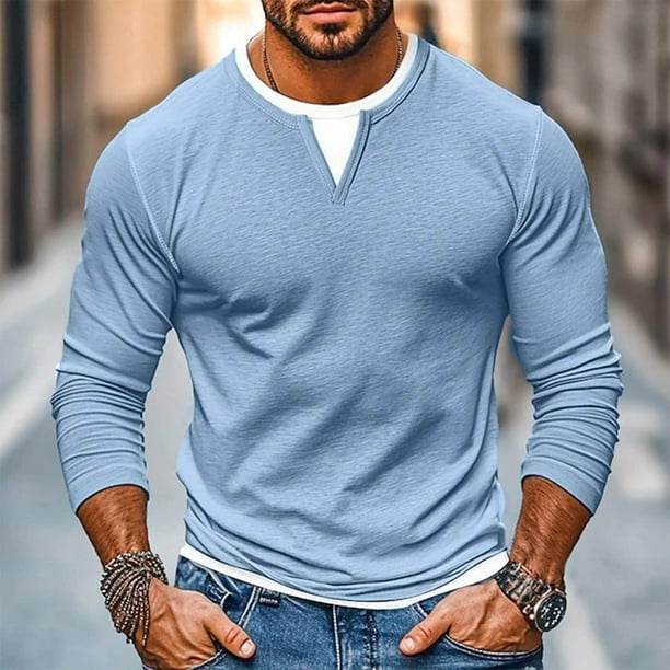 pstuiky camisetas de hombre Camiseta de hombre falsa de dos piezas de doble capa de moda empalmada de manga larga camisa base de hombre de manga larga con cuello en V Top/camiseta de hombre