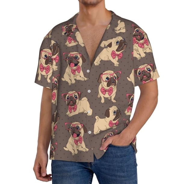 Fotbe Cut Pug Camisa Estampada de Manga Corta para Hombre, Casual de Verano, Estilo Playero, Sin Arrugas-X-Large