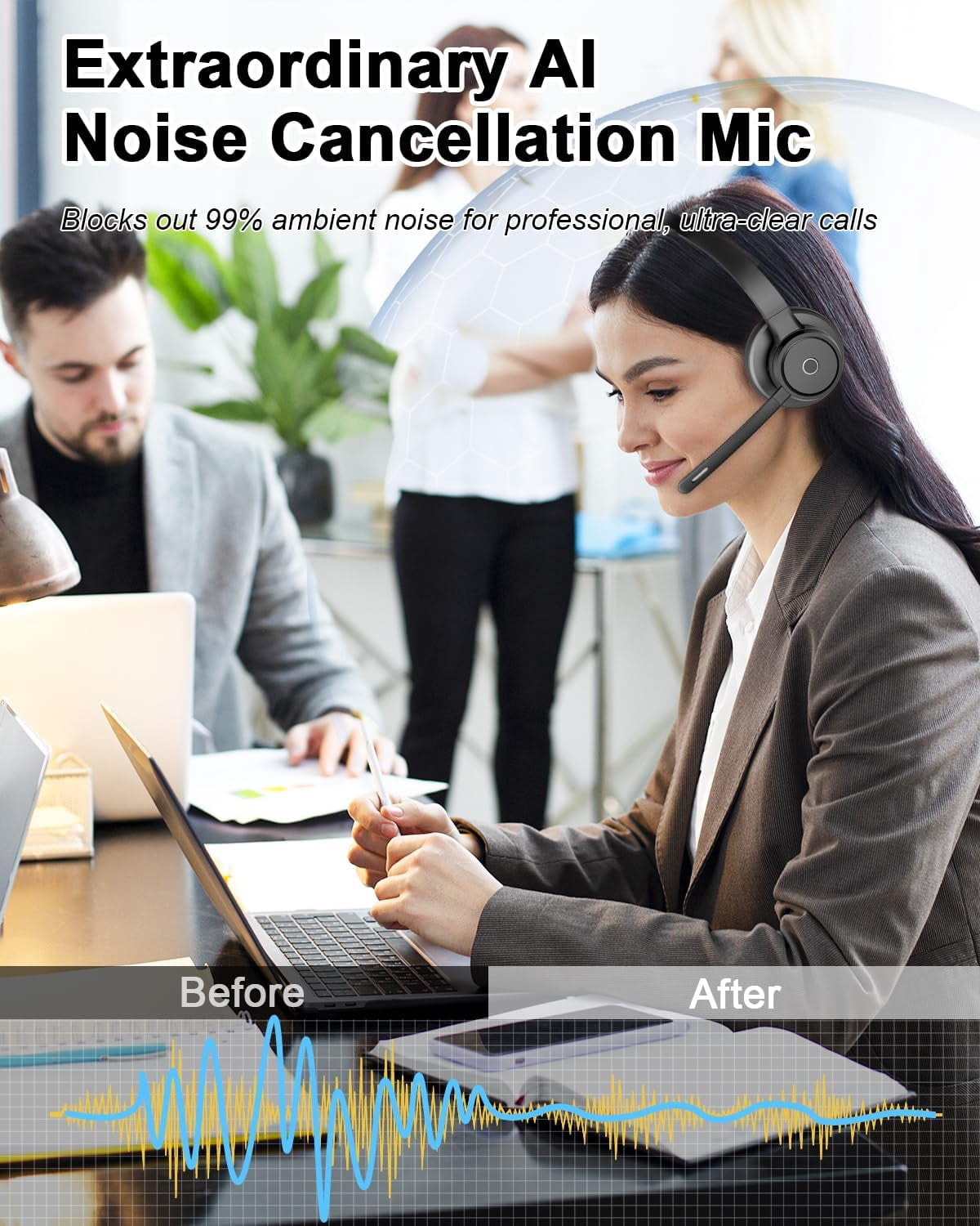 Bluetooth Headset with Noise Cancelling Mic, USB Dongle & Charging Dock, Wireless Computer Headset for PC Laptop Zoom Teams Call Center