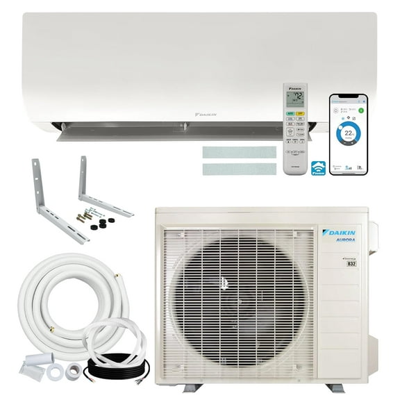 Daikin 9,000 BTU 21 SEER2 Aurora Low Ambient Ductless Mini Split Air Conditioner Heat Pump with Maxwell 15 ft. Installation Kit and Bracket - Wi-Fi Enabled R32