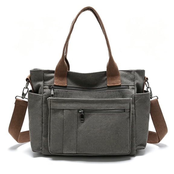 URSOFINE Canvas Multi-Pocket Tote Bag, Convertible Crossbody Shoulder Handbag for Work Travel Daily Use, Large Capacity Casual Messenger Bag with Detachable Strap