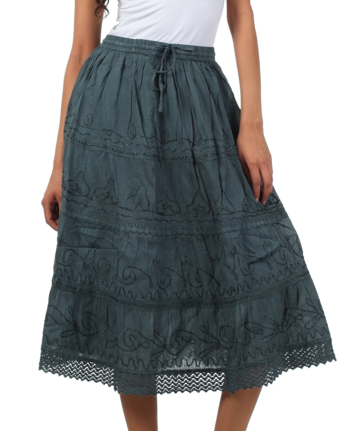 Sakkas Solid Embroidered Crochet Lace Trim Gypsy Bohemian Mid Length Cotton  Skirt - Grey - One Size - Walmart.com
