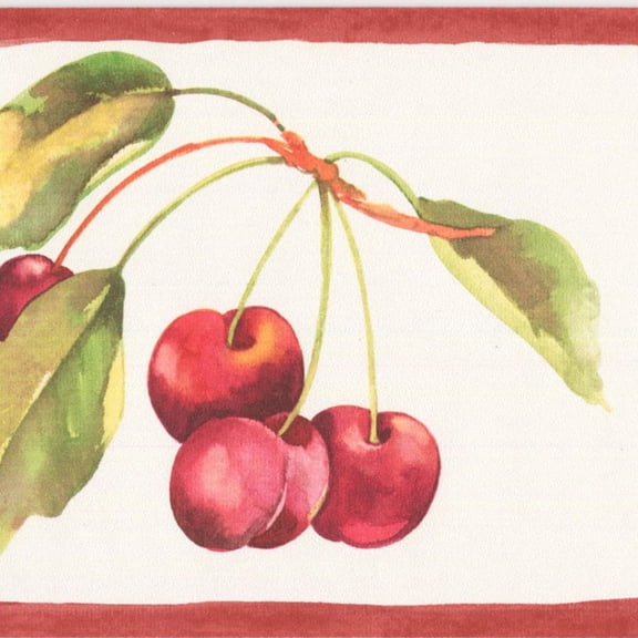 Concord Wallcoverings Wallpaper Border Featuring Decorative Fruits Patern Lemon Cherry Leaves, Colors White Yellow Red Green, Perfect for Kitchen or Restaurant, Size 5.25 Inches by 15 Feet Kt77914
