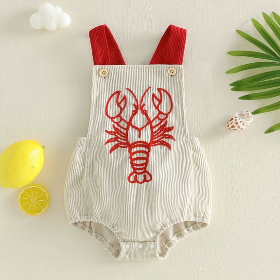 Baby Onesies Girl Boys Cute Lobster Embroidered Sleeveless Summer Romper Baby Rompers Girl Beige 6-12 Month