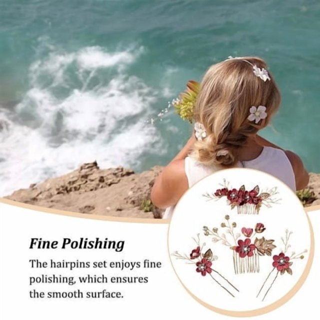 4 Pièces Mariage Fleur Peignes Décorations Ensemble Filles Coiffure Coiffure Mariée Dressing Parure Bijoux Accessoire de Mode Rouge Foncé
