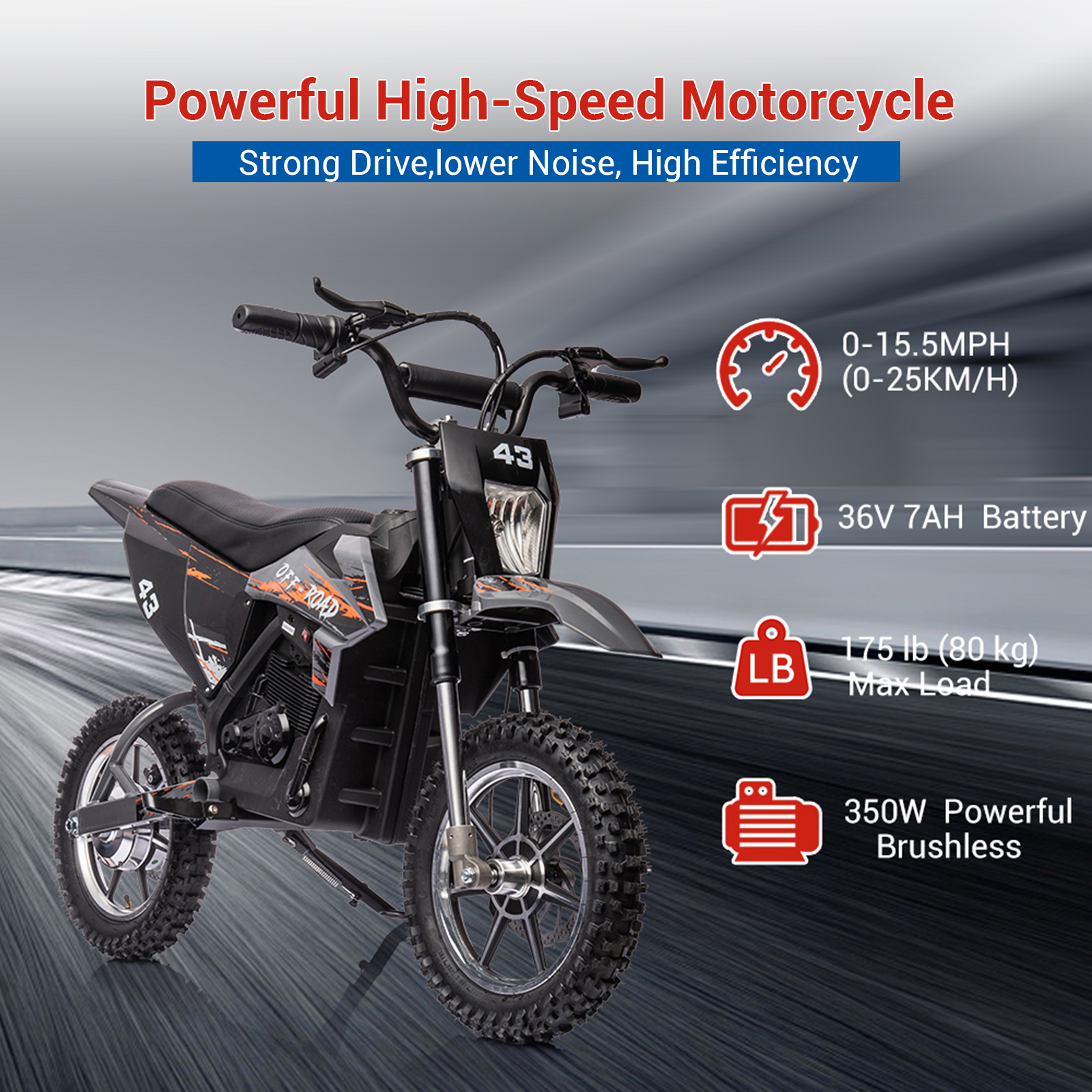 Towallmark 36V Electric Dirt Bike for Teens, 350W Brushless or 500W Brushed Motor, Up to 15.5MPH & 175LB Capacity, Off-Road Motorcycle with Front/Rear Brakes, Black​