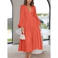 thumbnail image 2 of xiaxaixu Robe Longue Femme Couleur Unie Col en V Manches Longues Grande Balançoire Robe Boho Mode Printemps Automne Décontractée Ample Robe de Vacances, 2 of 6