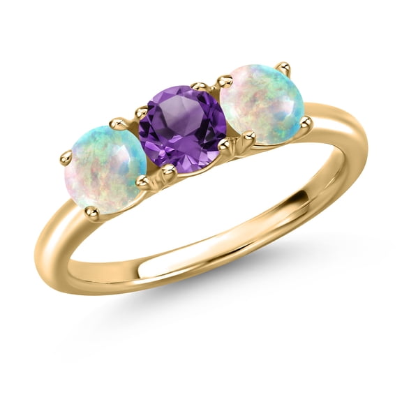Gem Stone King 10K Yellow Gold Purple Amethyst and Simulated White Opal Engagement Ring for Women | 1.48 Cttw | Round 5MM | Gemstone February Birthstone | Size 9