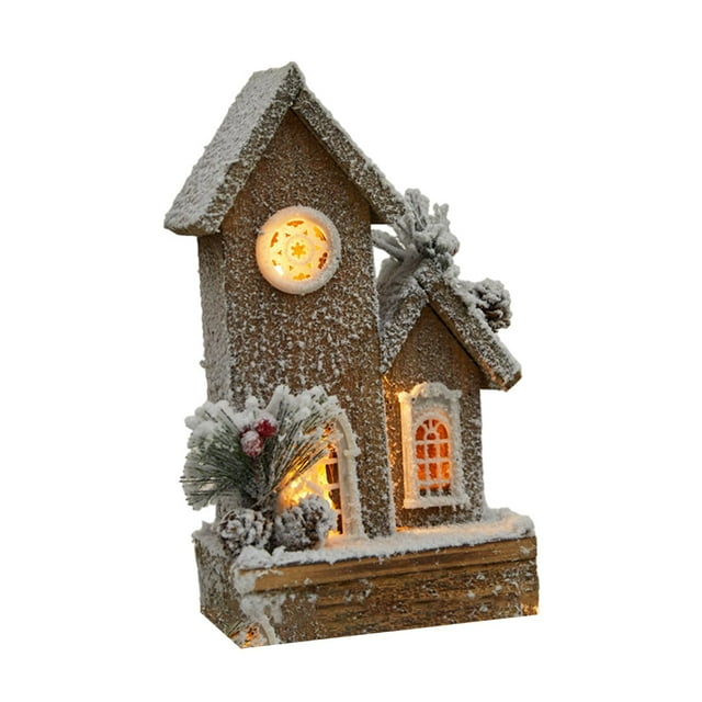Casa de pueblo navideña de madera con luz, 14 x 10 x 26 cm, decorativa, con nieve. Estilo B