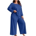 thumbnail image 2 of Hzzrkos Women Casual Plus Size Loose Solid Color Round Neck Long Sleeve Two Piece Wide Leg Loungewear Pajama Set, Soft Relaxed Sleepwear Outfit For Indoor Daily Rest Blue XXL, 2 of 8