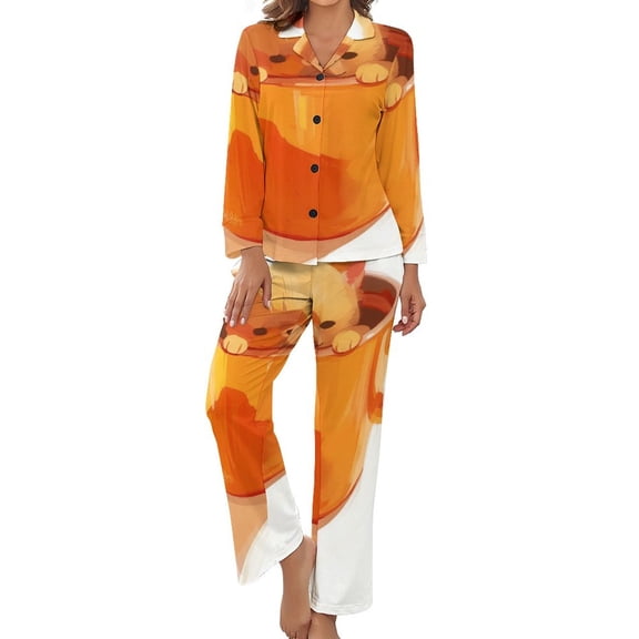 PoBuds Women's Long Sleeve Flannel Pajama Set Sleepwear Cute Dog In Teacup L