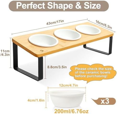 Raised Cat Food Water Bowl Elevated Tilted Kitty Dishes Set of 3 Ceramic Dish for Indoor Cats Orthopedic Pet Food Stand Reduces Vomiting 3 Bowl Cat Feeder Easy Assembly(Wood Color)