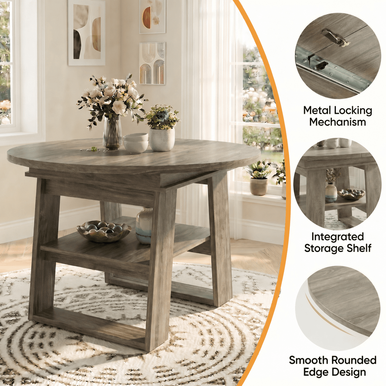 Leumius Extendable Dining Table for 4-6,Round-to-Oval Kitchen Table with Built-In Flip-Up Extension Leaf,Wooden Kitchen Table with Stable H-Shaped Base and Storage Shelf,Gray