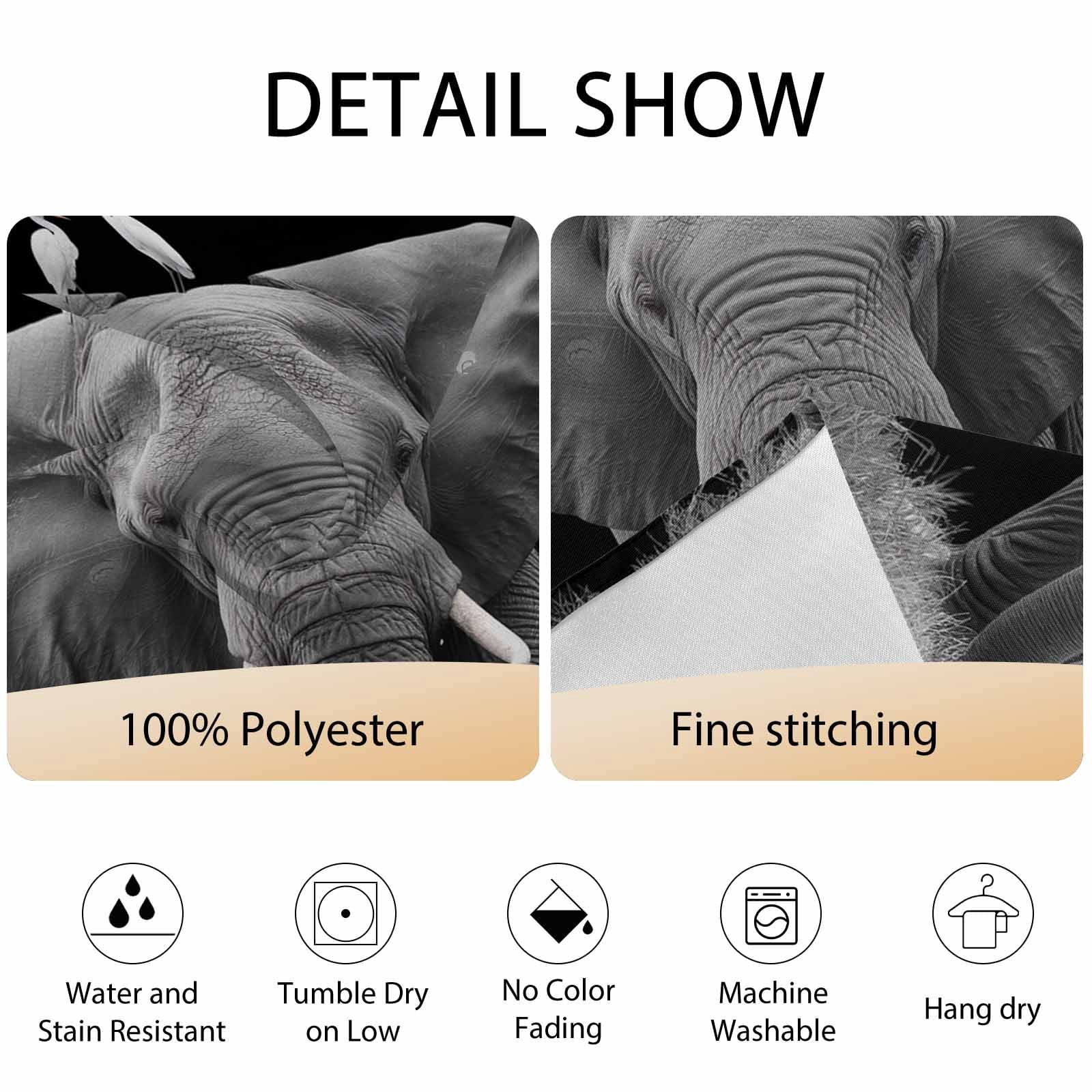 Round Tablecloth Modern Vintage Waterproof Oil Proof Polyester Table Cloth Cover Decor for Home Dining Outdoor,Patio,Parties, 60" Dia. Elephant Bird Animal Black Grey