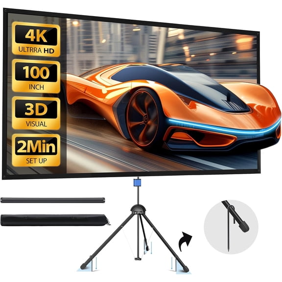 Projector Screen with Stand - 100" Indoor/Outdoor 16:9, 4K HD PVC Screen with 1.5 Gain, 2IN1 for Backyard Theater & Wall Hanging, Includes Carry Bag