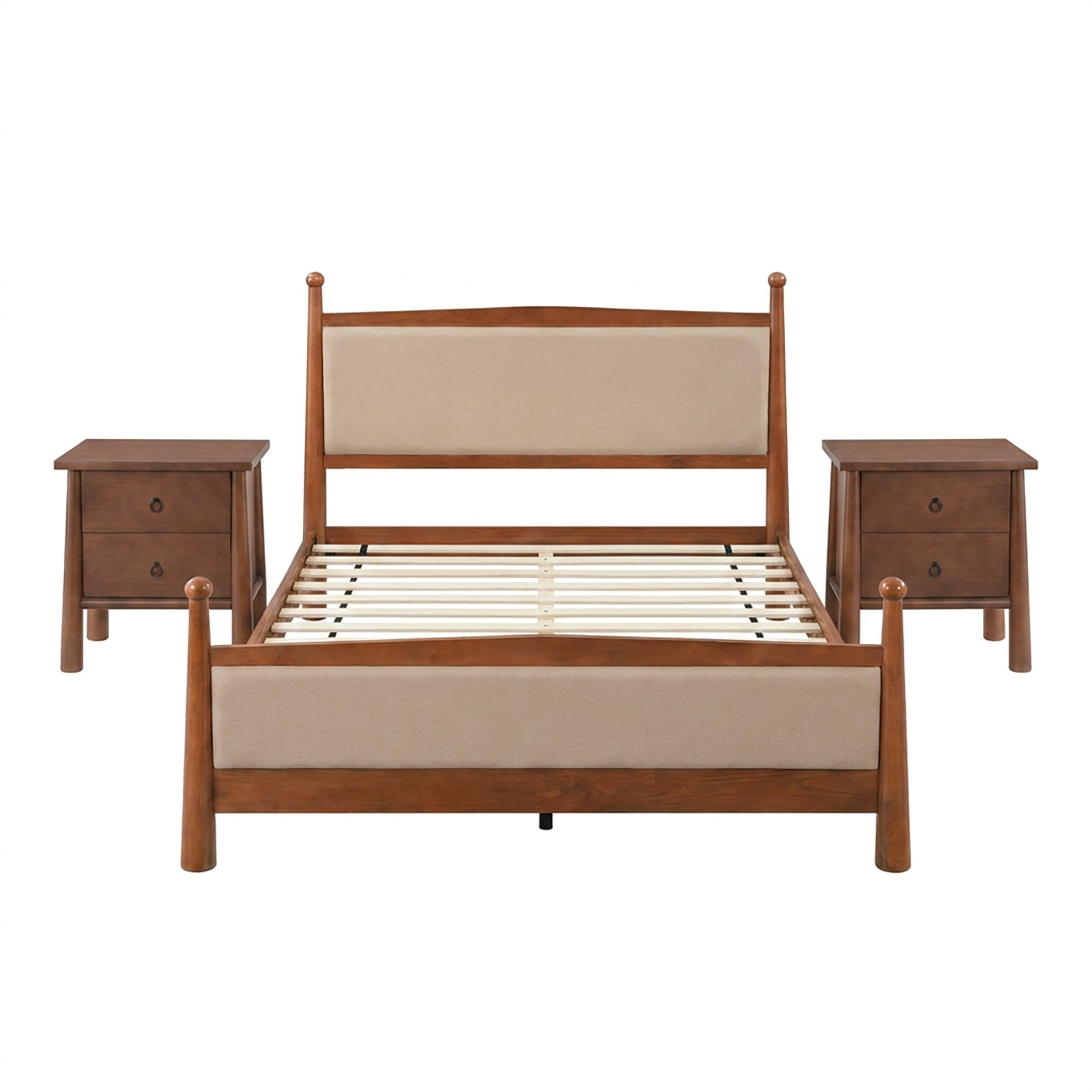 Christopher Knight Home 3-Piece Bedroom Set with Queen Upholstered Bed and 2 Nightstands, Cherry+Brown