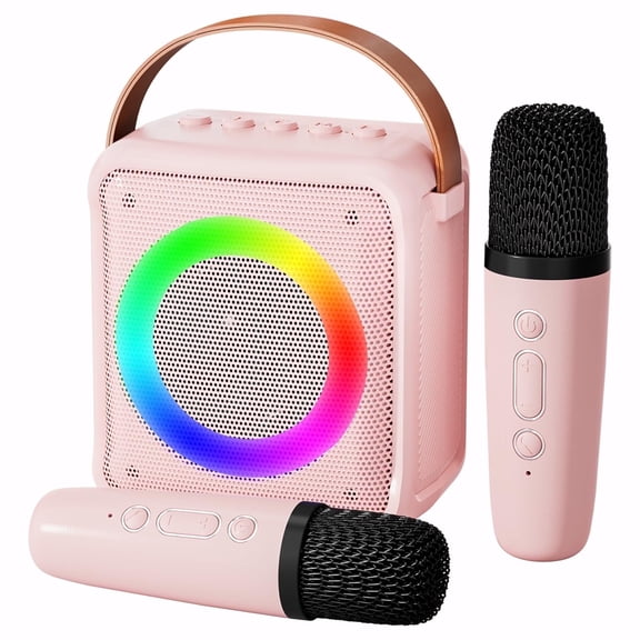 BONAOK Mini Karaoke Machine for Kids, Portable Bluetooth Speaker with 2 Wireless Microphones, Girls Gifts for Christmas Home Party, Pink