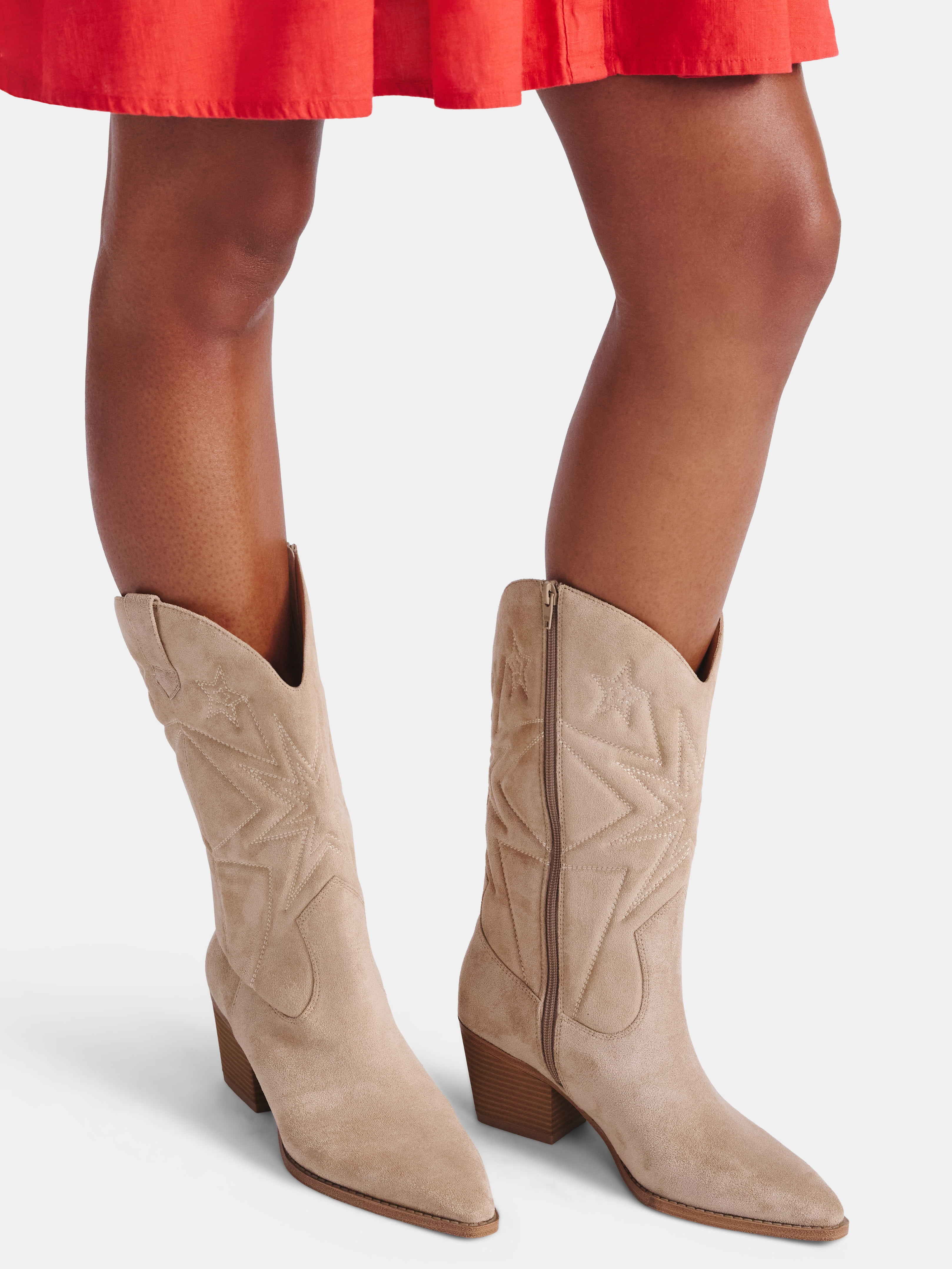 Time and Tru Women's Faux Suede Embroidered Western Boots, Wide Width Available