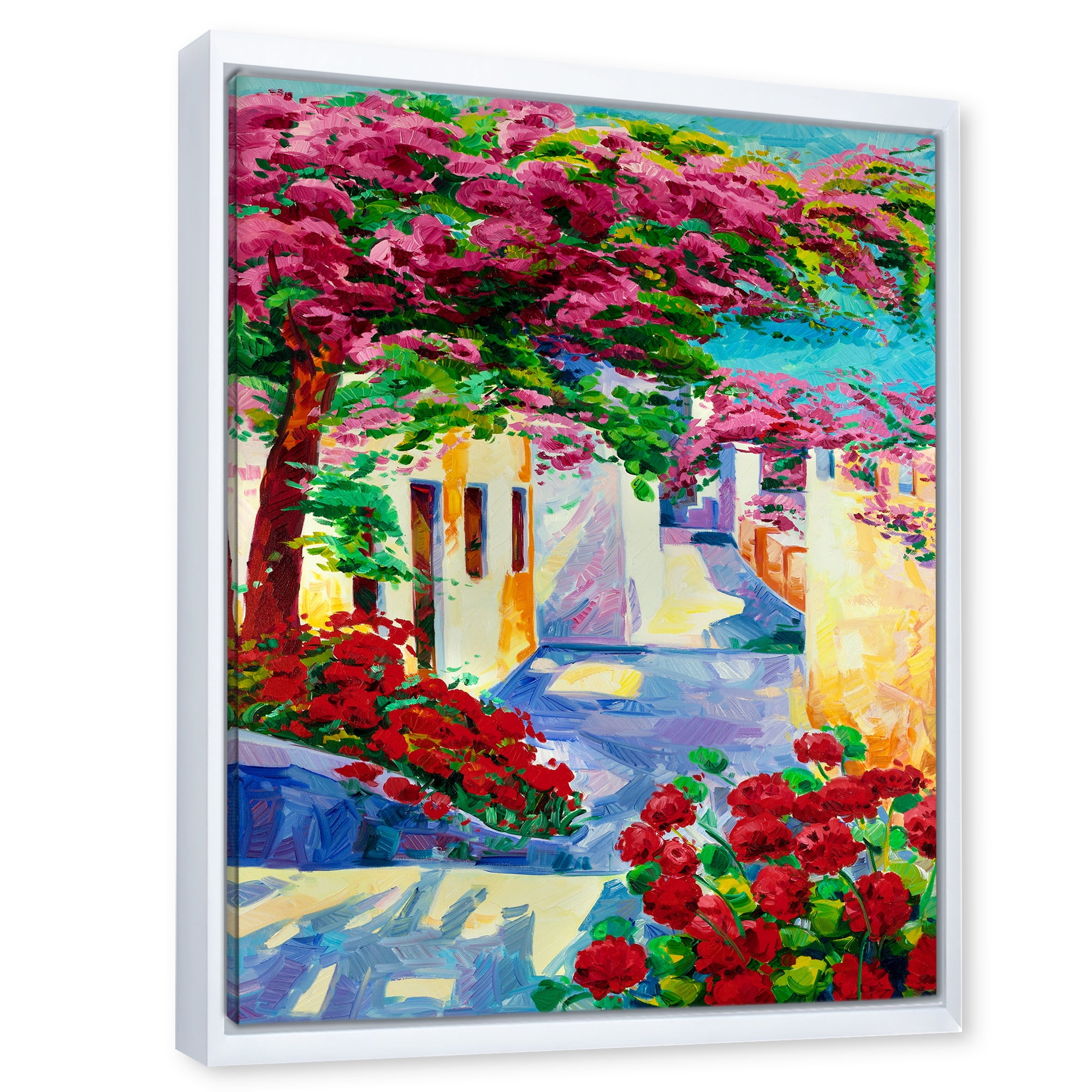 Colorful Traditional Santorini Houses Among Flowers 12 in x 20 in Framed Painting Canvas Art Print, by Designart