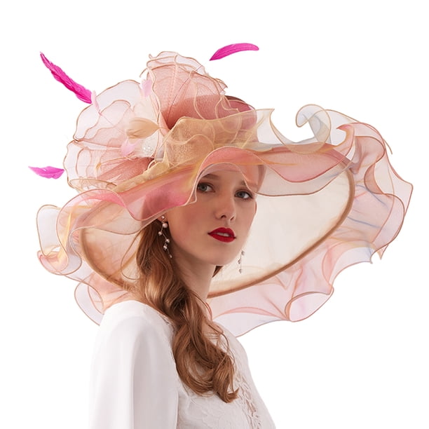 Txlixc Sombrero de mujer elegante tela de malla plegada con flores adornadas con cornisa ancha Txlixc moda
