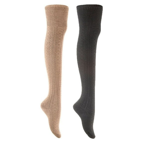 Lian Style Women's 2 Pairs Long Lasting, Colorful and Fancy Thigh High Over the Knee High Cotton Socks JMYP1025 Size 6-9 Beige, Black