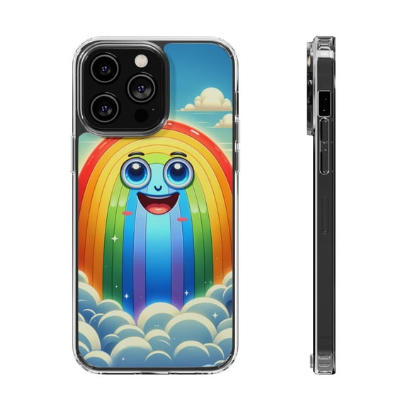 DistinctInk Hybrid (Acrylic / TPU) Clear Slim Fit Case for Apple iPhone 14 Pro MAX (6.7" Screen) - "Joyful Cartoon Rainbow in Serene Sky"