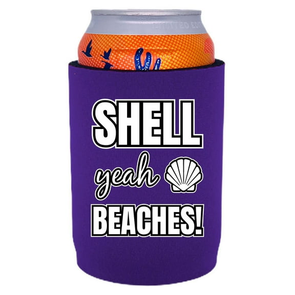 Shell Yeah Beaches Neoprene Full Bottom Can Coolie (Purple)