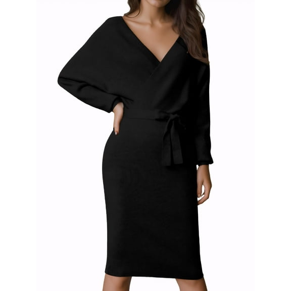 INSPIRE CHIC Women's Midi Dress Deep V Neck Batwing Long Sleeve Belted Wrap Sweater Dress S Black