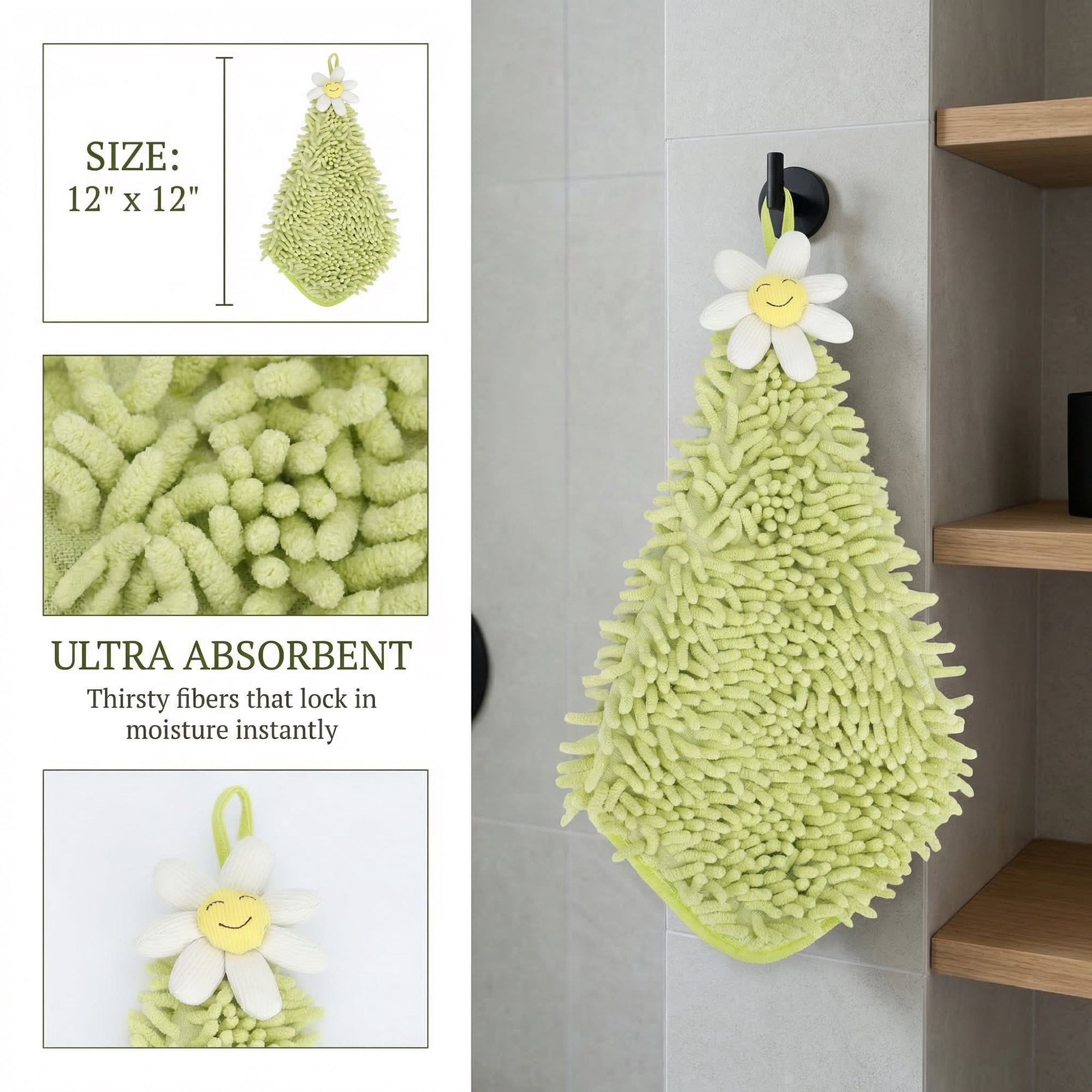 Unique Bargains Soft Absorbent Quick Dry Cute Flower Chenille Hand Towels Green 12" x 12"