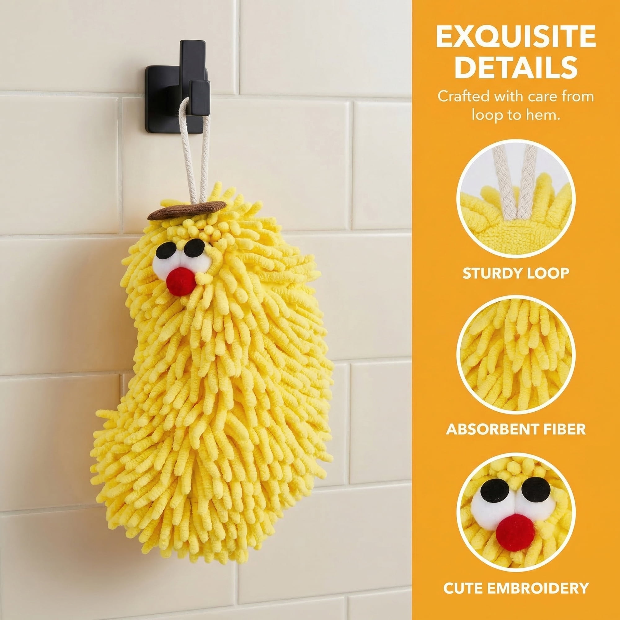 Unique Bargains Cartoon Chenille Hand Towels for Bathroom Yellow/Orange 10" x 6"/5" x 6"